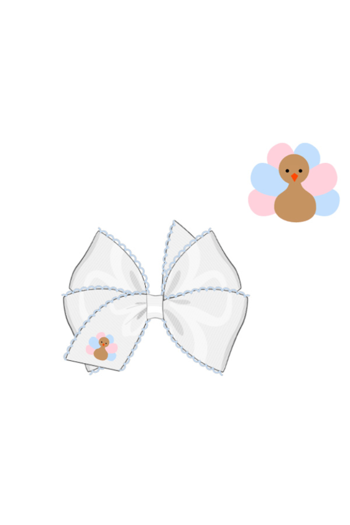 The Smocked Flamingo Apparel & Accessories Pre-Order Embroidered Turkey Scalloped Edge Grosgrain Bow White/Blue