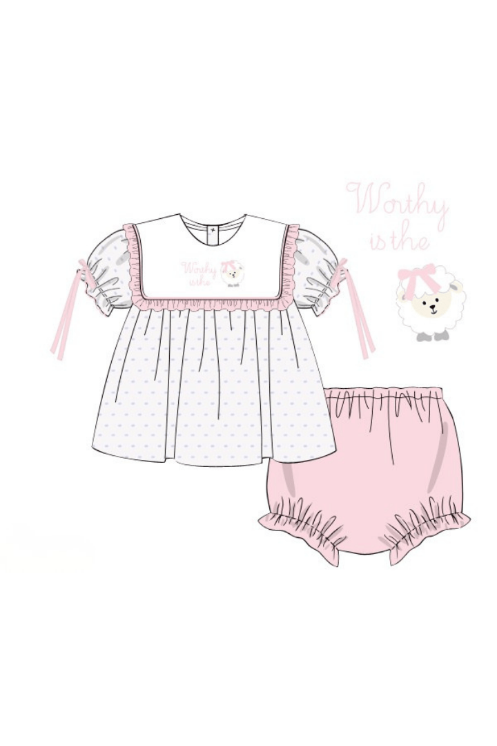 The Smocked Flamingo Apparel & Accessories Pre-Order Embroidered Worthy IS the Lamb Swiss Dot Bloomer Set