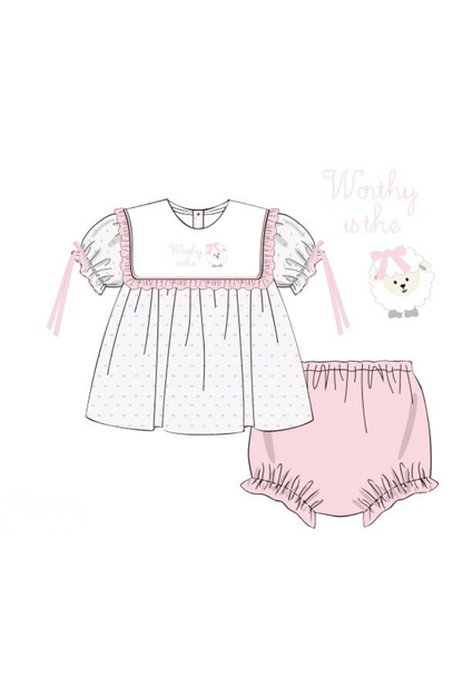 The Smocked Flamingo Apparel & Accessories Pre-Order Embroidered Worthy IS the Lamb Swiss Dot Bloomer Set