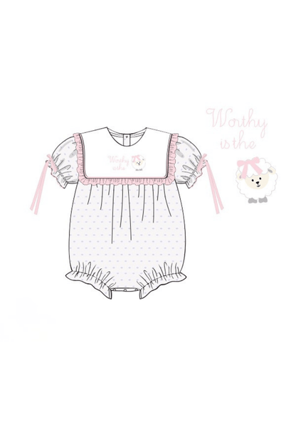 The Smocked Flamingo Apparel & Accessories Pre-Order Embroidered Worthy IS the Lamb Swiss Dot Bubble