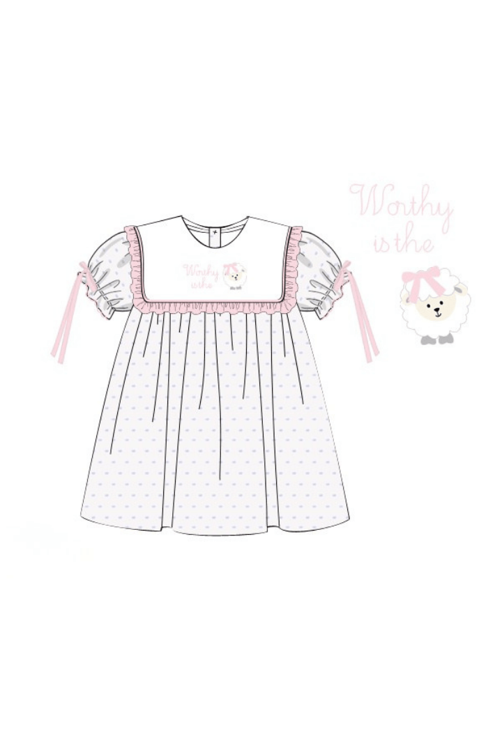 The Smocked Flamingo Apparel & Accessories Pre-Order Embroidered Worthy IS the Lamb Swiss Dot Dress