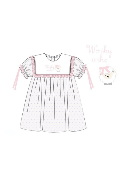 The Smocked Flamingo Apparel & Accessories Pre-Order Embroidered Worthy IS the Lamb Swiss Dot Dress