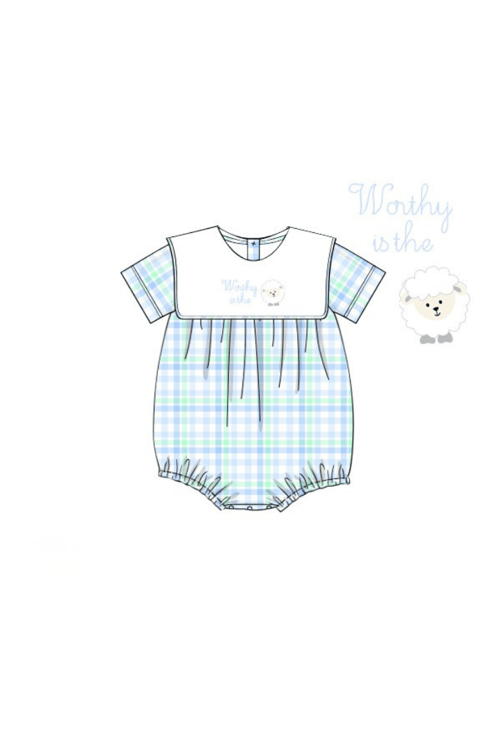 The Smocked Flamingo Apparel & Accessories Pre-Order Embroidered Worthy IS the Lamb Swiss Plaid Bubble