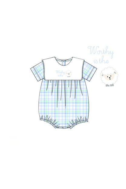 The Smocked Flamingo Apparel & Accessories Pre-Order Embroidered Worthy IS the Lamb Swiss Plaid Bubble