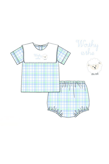 The Smocked Flamingo Apparel & Accessories Pre-Order Embroidered Worthy IS the Lamb Swiss Plaid Diaper Set