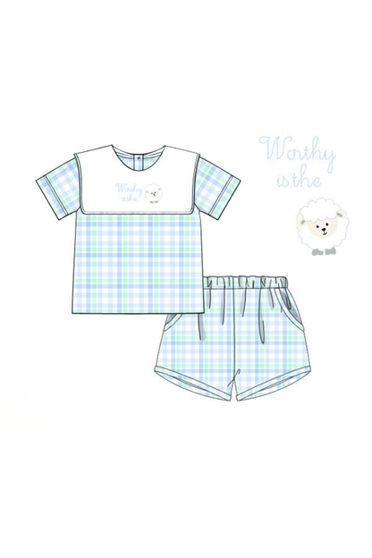 The Smocked Flamingo Apparel & Accessories Pre-Order Embroidered Worthy IS the Lamb Swiss Plaid Short Set