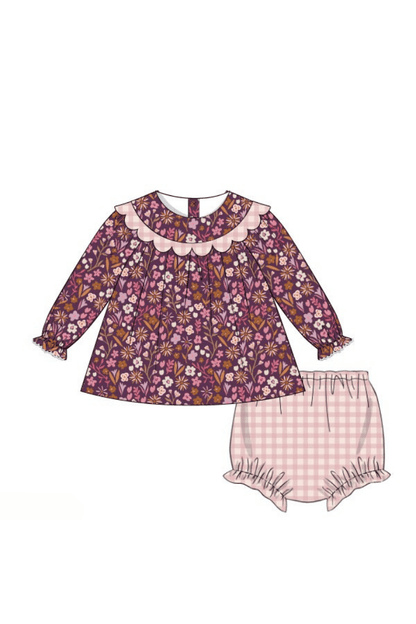 The Smocked Flamingo Apparel & Accessories Pre-Order Fall Floral Maroon Scalloped Gingham Bloomer Set