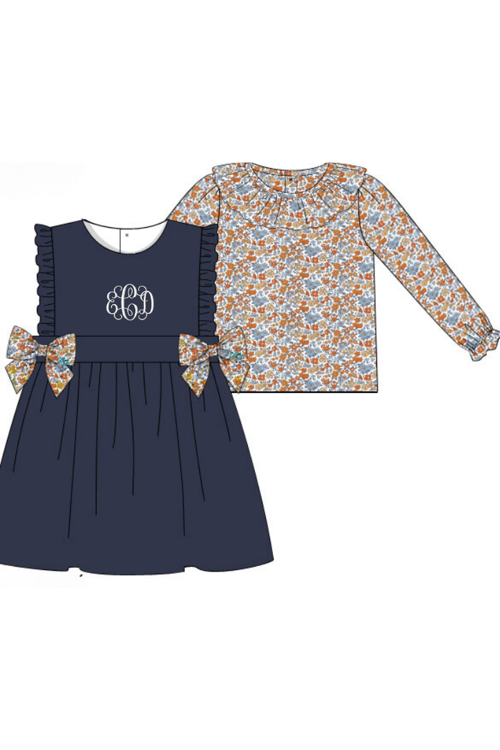 The Smocked Flamingo Apparel & Accessories Pre-Order Fall Floral Navy Corduroy 2 pc Dress