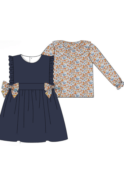 The Smocked Flamingo Apparel & Accessories Pre-Order Fall Floral Navy Corduroy Dress
