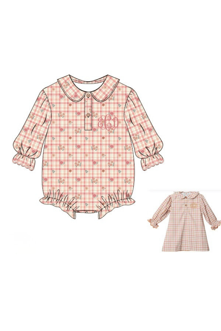 The Smocked Flamingo Apparel & Accessories Pre-Order Fall Floral Plaid Corduroy Bubble Sleeve Bubble