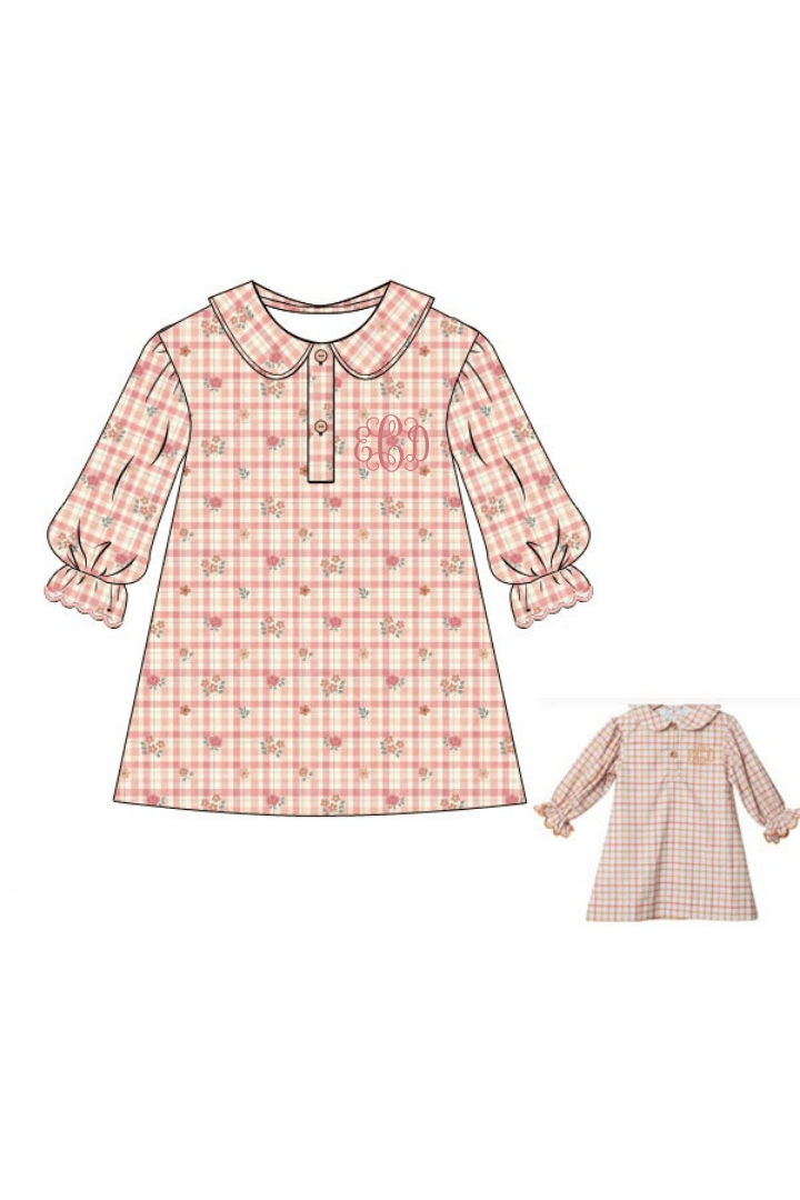 The Smocked Flamingo Apparel & Accessories Pre-Order Fall Floral Plaid Corduroy Bubble Sleeve Dress