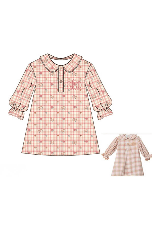The Smocked Flamingo Apparel & Accessories Pre-Order Fall Floral Plaid Corduroy Bubble Sleeve Dress