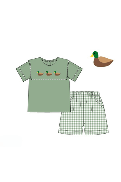 The Smocked Flamingo Apparel & Accessories Pre-Order Fall Mallard Sage Green Short Set