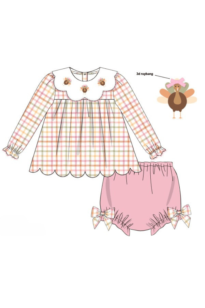 The Smocked Flamingo Apparel & Accessories Pre-Order Fall Pink Plaid Turkey Bloomer Set