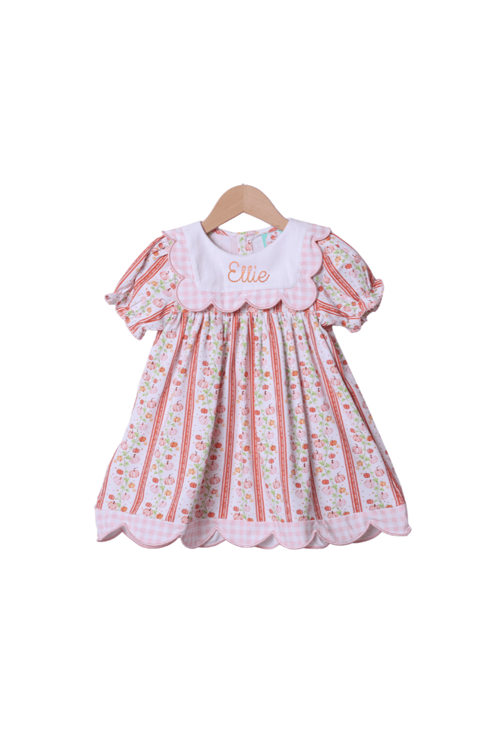 The Smocked Flamingo Apparel & Accessories Pre-Order Fancy Pumpkin Pink Gingham Scalloped Dress