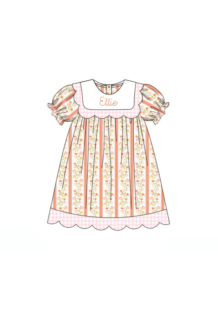 The Smocked Flamingo Apparel & Accessories Pre-Order Fancy Pumpkin Pink Gingham Scalloped Dress