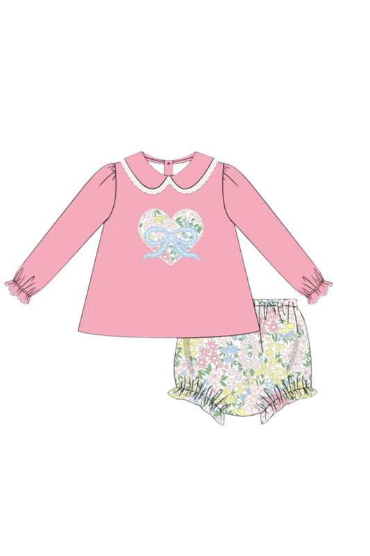 The Smocked Flamingo Apparel & Accessories Pre-Order Floral Heart and Bow Applique Pink Corduroy Bloomer Set