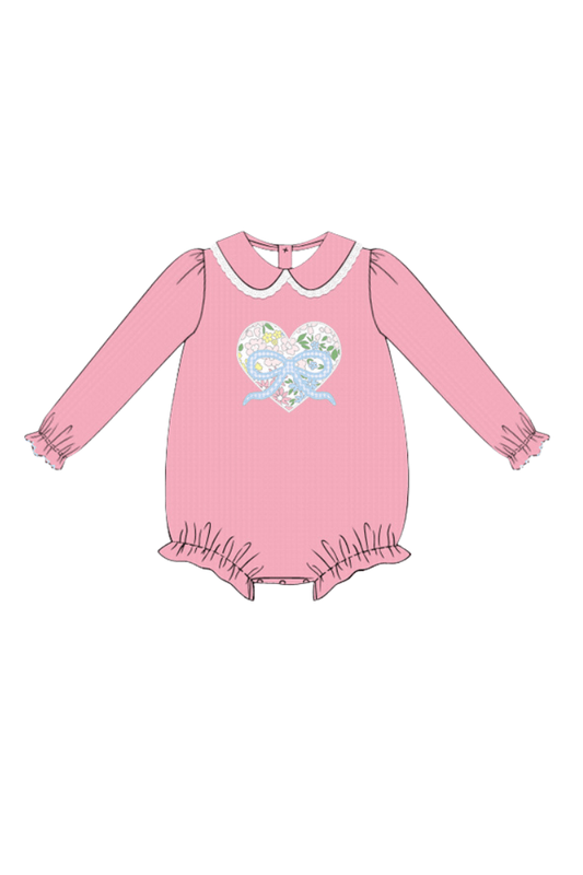 The Smocked Flamingo Apparel & Accessories Pre-Order Floral Heart and Bow Applique Pink Corduroy Bubble