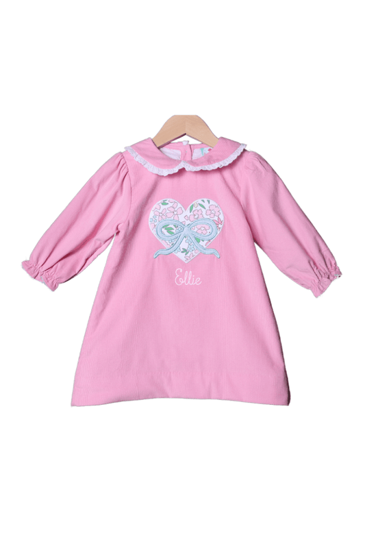 The Smocked Flamingo Apparel & Accessories Pre-Order Floral Heart and Bow Applique Pink Corduroy Dress