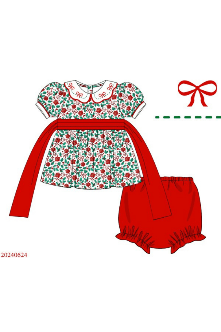 The Smocked Flamingo Apparel & Accessories Pre-Order Floral Holly Bow Dress Bloomer Set