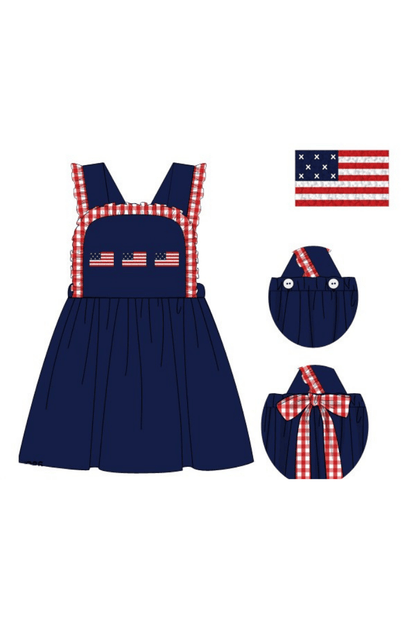 The Smocked Flamingo Apparel & Accessories Pre-Order French Knot American Flag Navy/Red Gingham Knit Dress