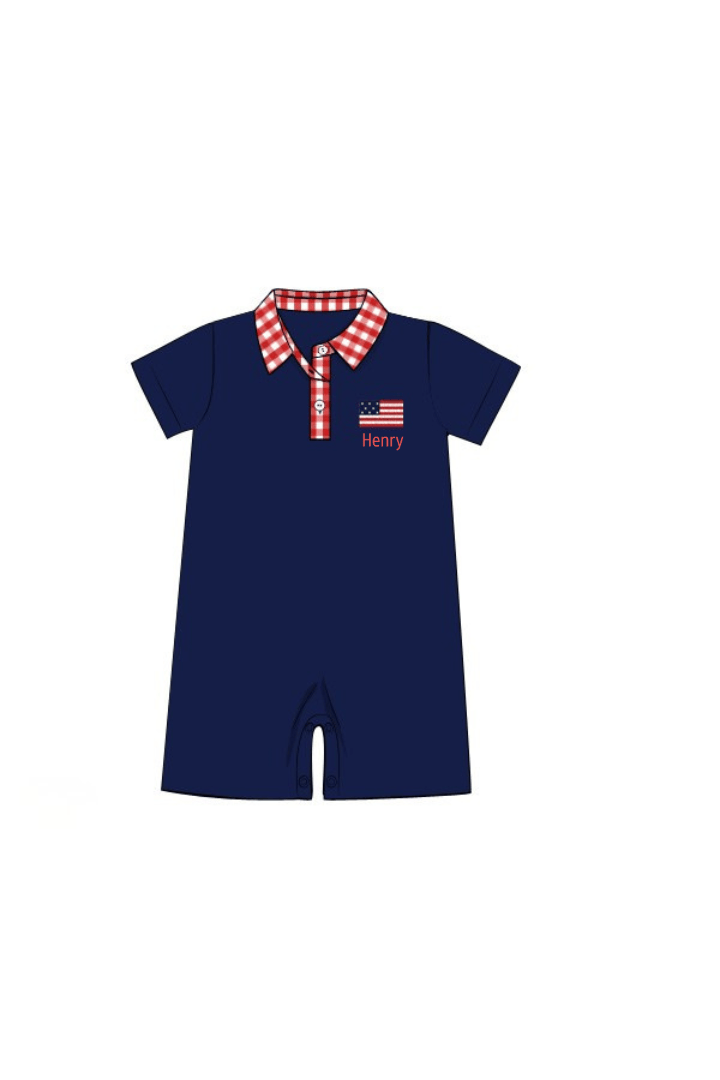The Smocked Flamingo Apparel & Accessories Pre-Order French Knot American Flag Navy/Red Gingham Knit Polo Romper
