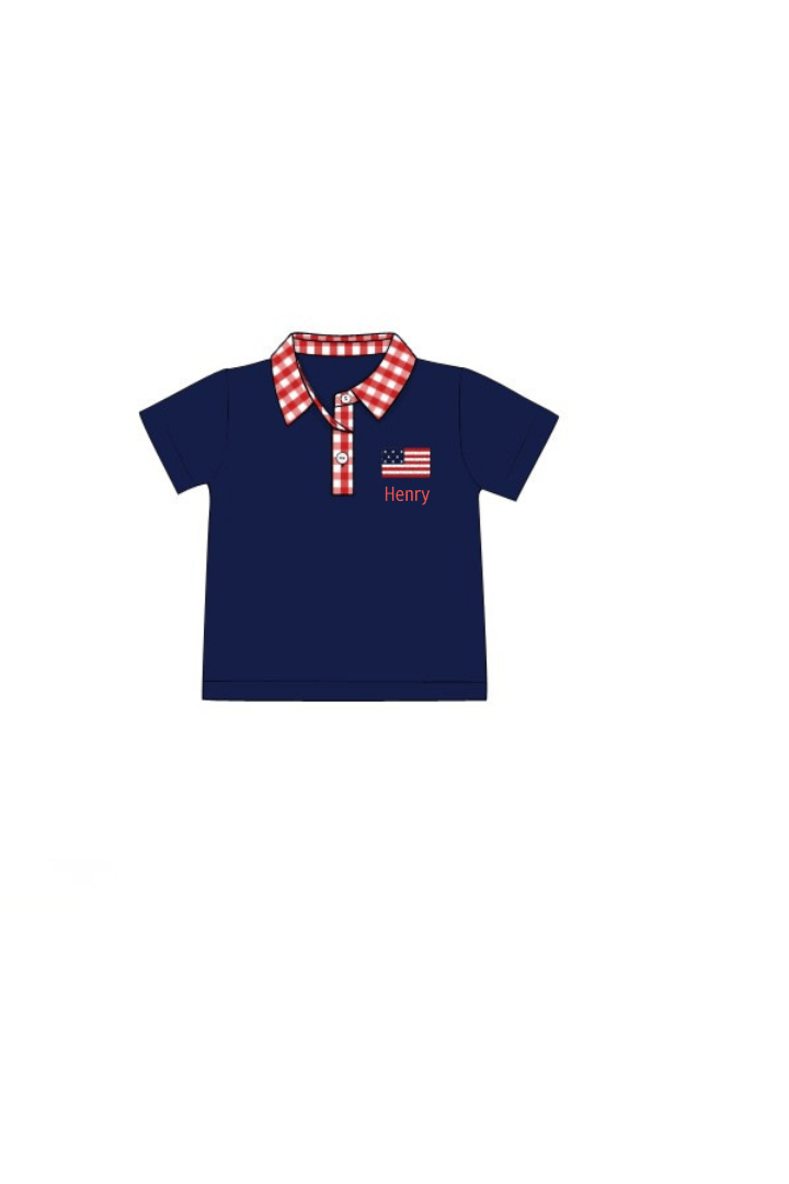 The Smocked Flamingo Apparel & Accessories Pre-Order French Knot American Flag Navy/Red Gingham Knit Polo Shirt