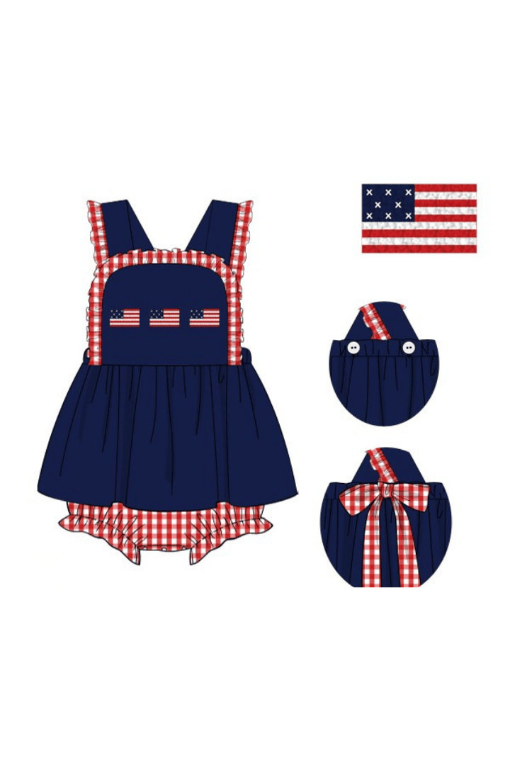 The Smocked Flamingo Apparel & Accessories Pre-Order French Knot American Flag Navy/Red Gingham Knit Skirted Bubble