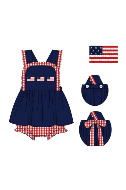 The Smocked Flamingo Apparel & Accessories Pre-Order French Knot American Flag Navy/Red Gingham Knit Skirted Bubble