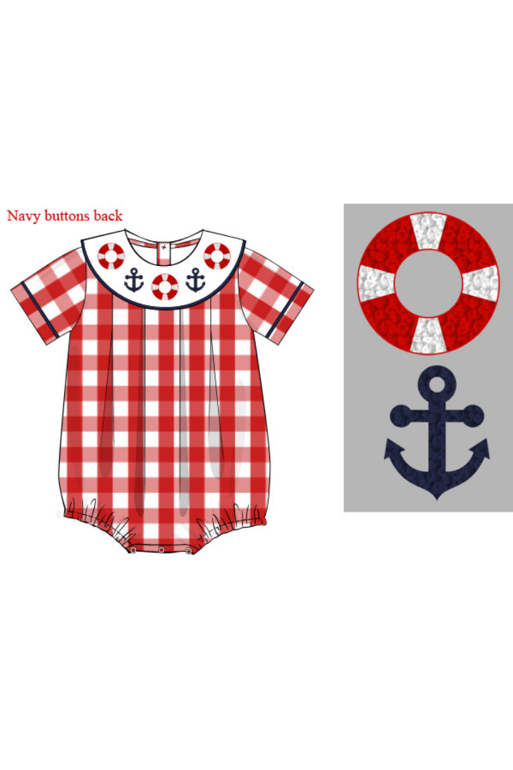 The Smocked Flamingo Apparel & Accessories Pre-Order French Knot Anchor's Away Red Gingham Bubble