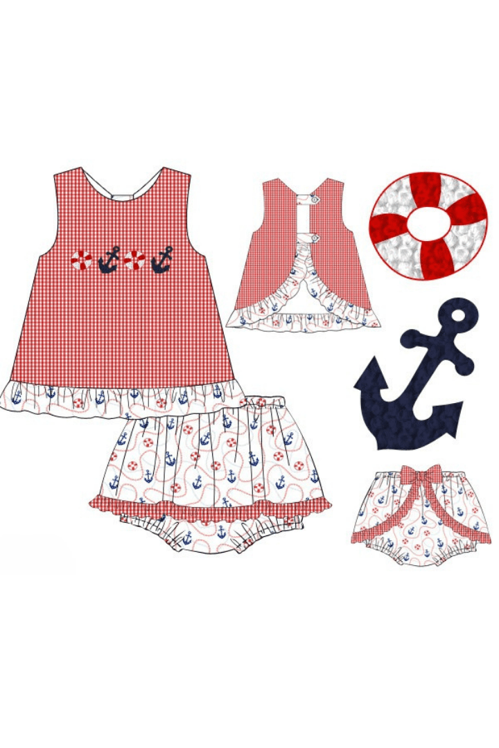 The Smocked Flamingo Apparel & Accessories Pre-Order French Knot Anchor's Away Ruffle Bloomer Set