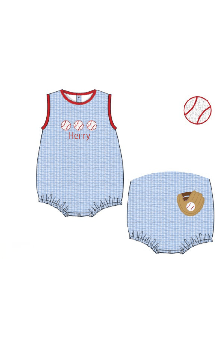 The Smocked Flamingo Apparel & Accessories Pre-Order French Knot Baseball Blue Seersucker Bubble