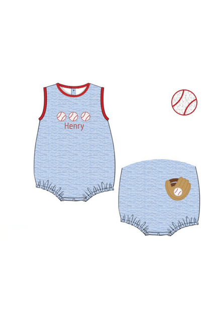 The Smocked Flamingo Apparel & Accessories Pre-Order French Knot Baseball Blue Seersucker Bubble