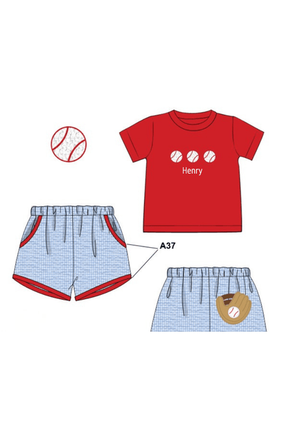 The Smocked Flamingo Apparel & Accessories Pre-Order French Knot Baseball Blue Seersucker Short Set