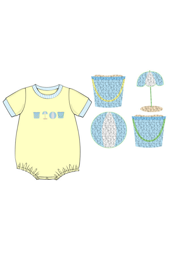 The Smocked Flamingo Apparel & Accessories Pre-Order French Knot Beach Fun Yellow/Blue Stripe Bubble