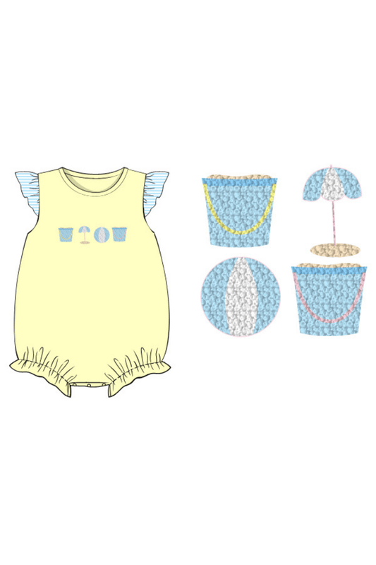 The Smocked Flamingo Apparel & Accessories Pre-Order French Knot Beach Fun Yellow/Blue Stripe Ruffle Bubble