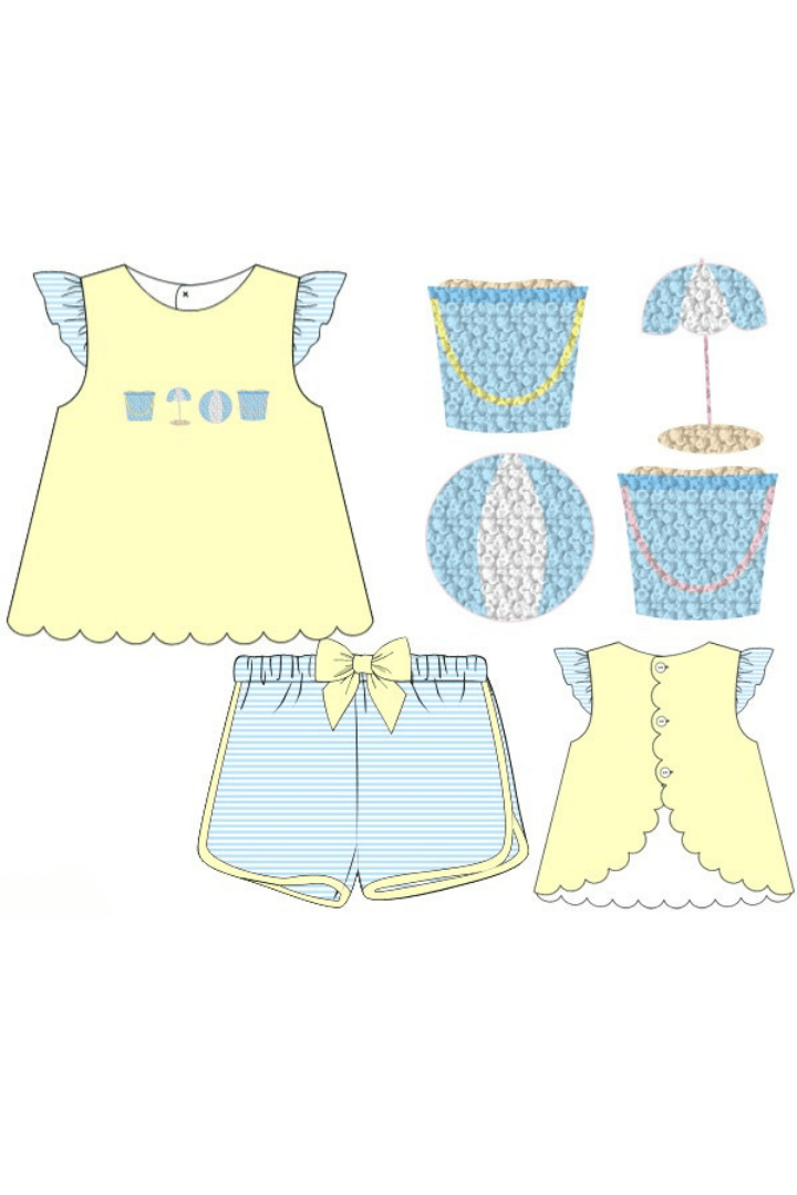 The Smocked Flamingo Apparel & Accessories Pre-Order French Knot Beach Fun Yellow/Blue Stripe Ruffle Short Set