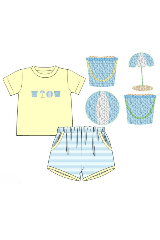 The Smocked Flamingo Apparel & Accessories Pre-Order French Knot Beach Fun Yellow/Blue Stripe Short Set