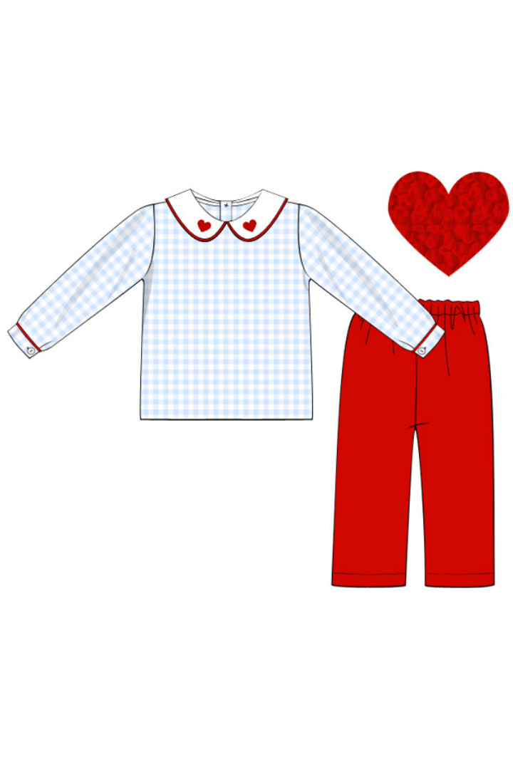 The Smocked Flamingo Apparel & Accessories Pre-Order French Knot Blue Gingham and Red Pant Set