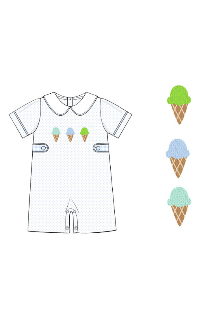 The Smocked Flamingo Apparel & Accessories Pre-Order French Knot Blue Ice Cream Romper