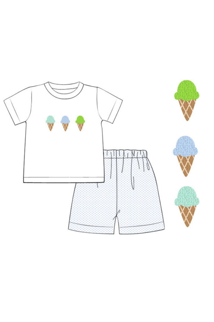 The Smocked Flamingo Apparel & Accessories Pre-Order French Knot Blue Ice Cream Short Set