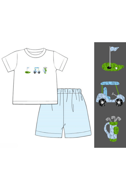 The Smocked Flamingo Apparel & Accessories Pre-Order French Knot Blue Stripe Golf Short Set