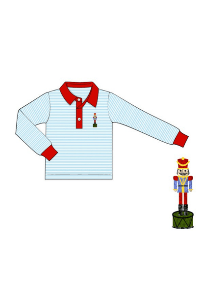 The Smocked Flamingo Apparel & Accessories Pre-Order French Knot Blue Stripe Knit Long Sleeve Golf Shirt