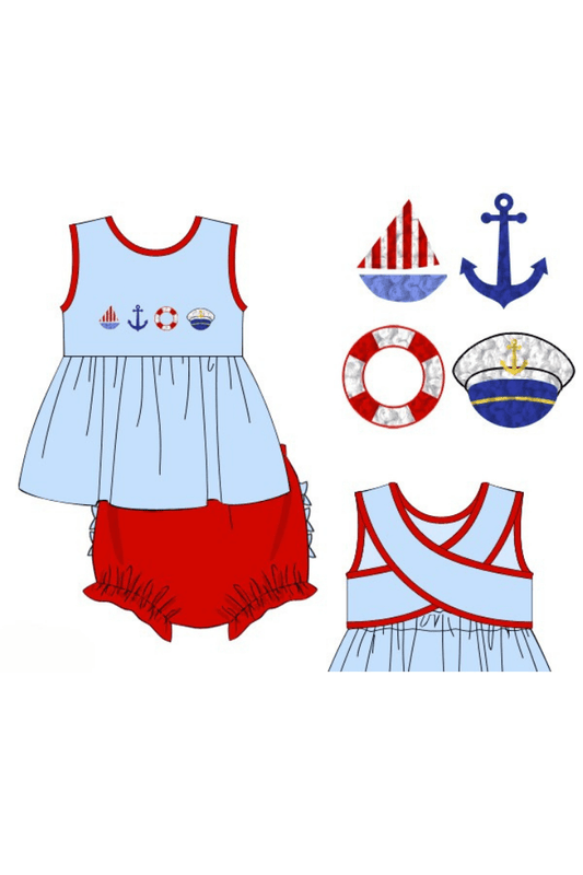 The Smocked Flamingo Apparel & Accessories Pre-Order French Knot Boat Captain Blue/Red Cross Back Bloomer Set