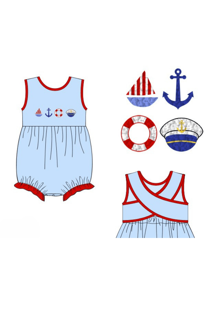 The Smocked Flamingo Apparel & Accessories Pre-Order French Knot Boat Captain Blue/Red Cross Back Bubble