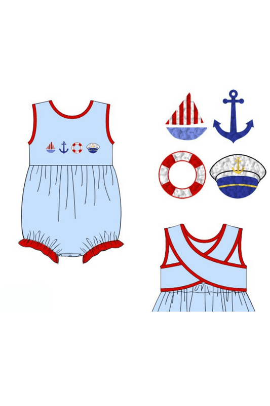 The Smocked Flamingo Apparel & Accessories Pre-Order French Knot Boat Captain Blue/Red Cross Back Bubble