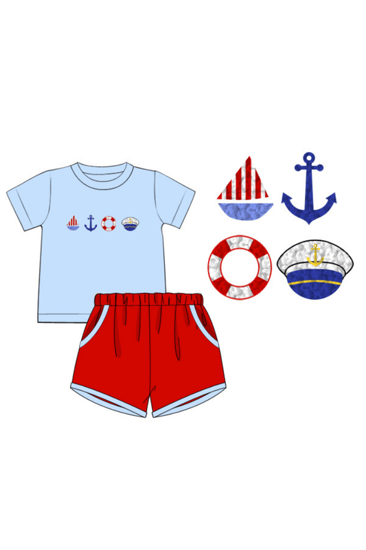 The Smocked Flamingo Apparel & Accessories Pre-Order French Knot Boat Captain Blue/Red Short Set