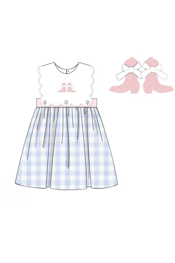 The Smocked Flamingo Apparel & Accessories Pre-Order French Knot Boots and Bow Blue Gingham Dress