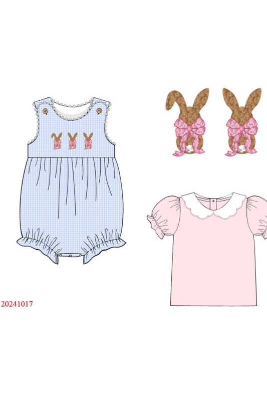 The Smocked Flamingo Apparel & Accessories Pre-Order French Knot Bunny Blue Knit Gingham Bubble Set