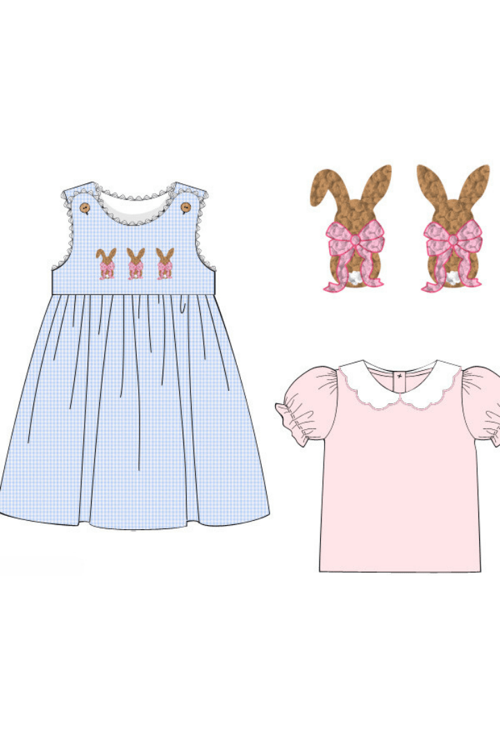 The Smocked Flamingo Apparel & Accessories Pre-Order French Knot Bunny Blue Knit Gingham Dress Set